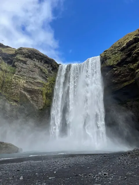 Skogafoss waterfall, black gravel, Iceland, our trip 2023