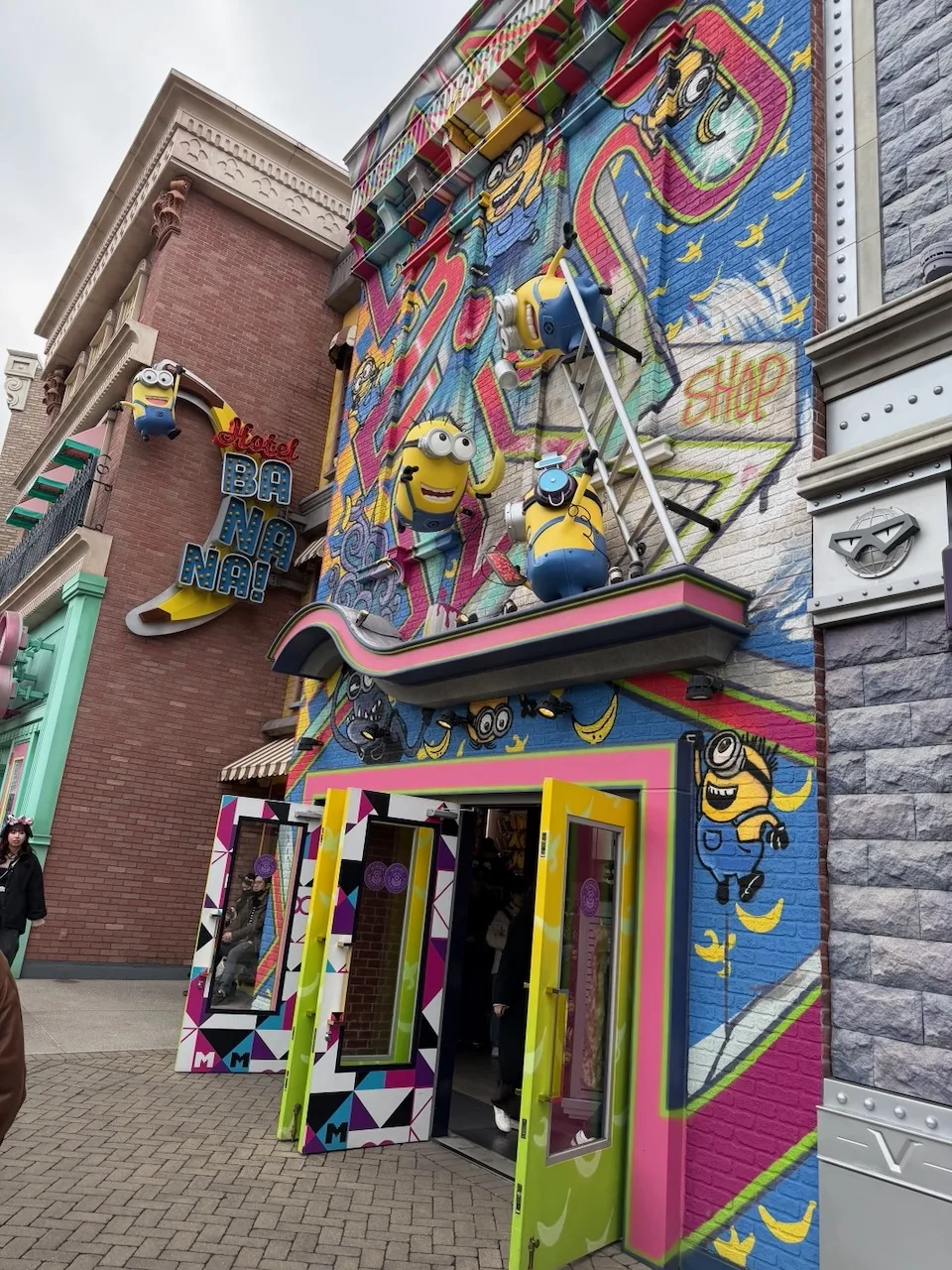 Colorful shop front in Minion Park with Minions on the facade, Universal Studios Japan