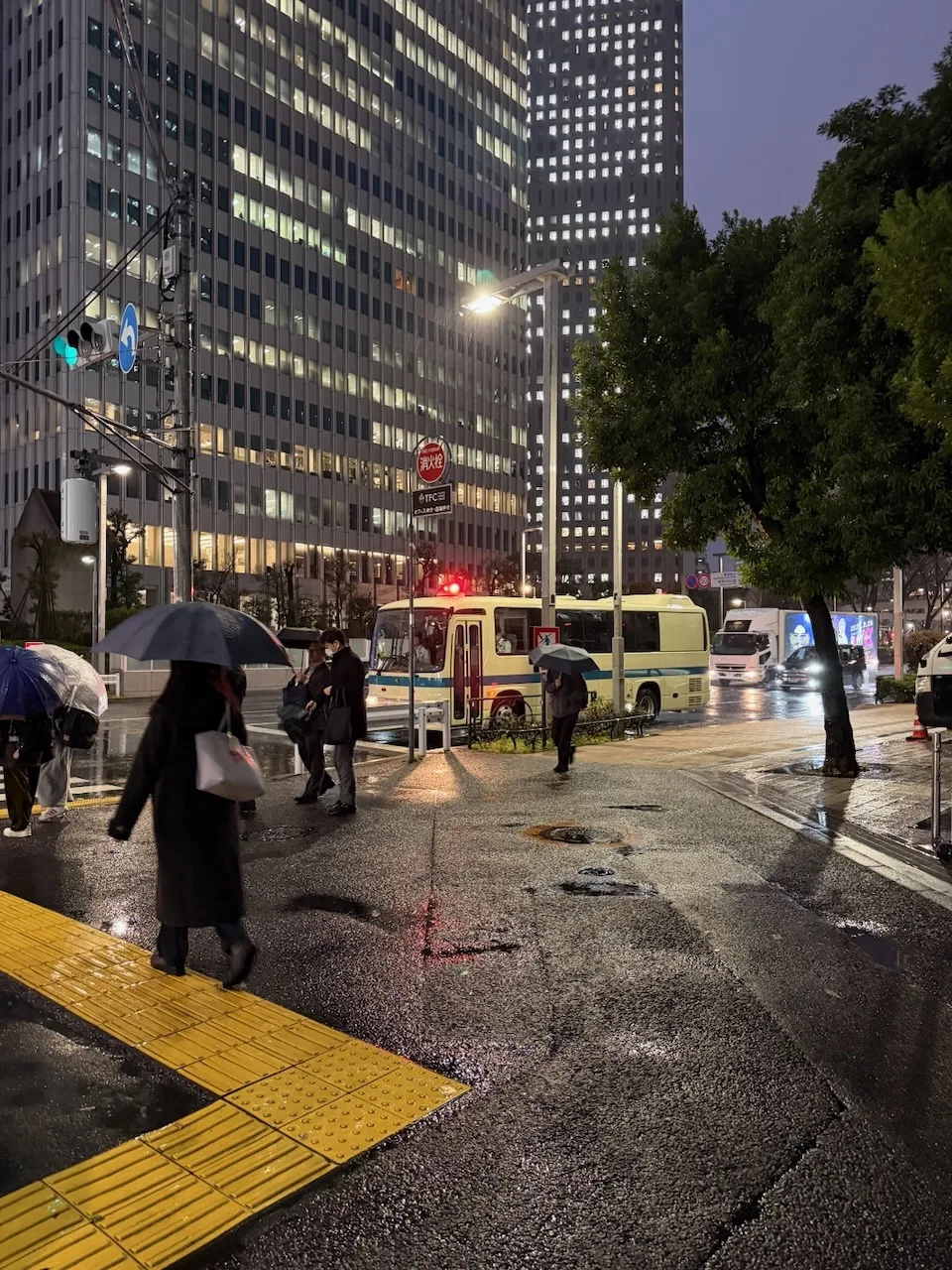 Rainy evening among office towers in West Shinjuku, Tokyo