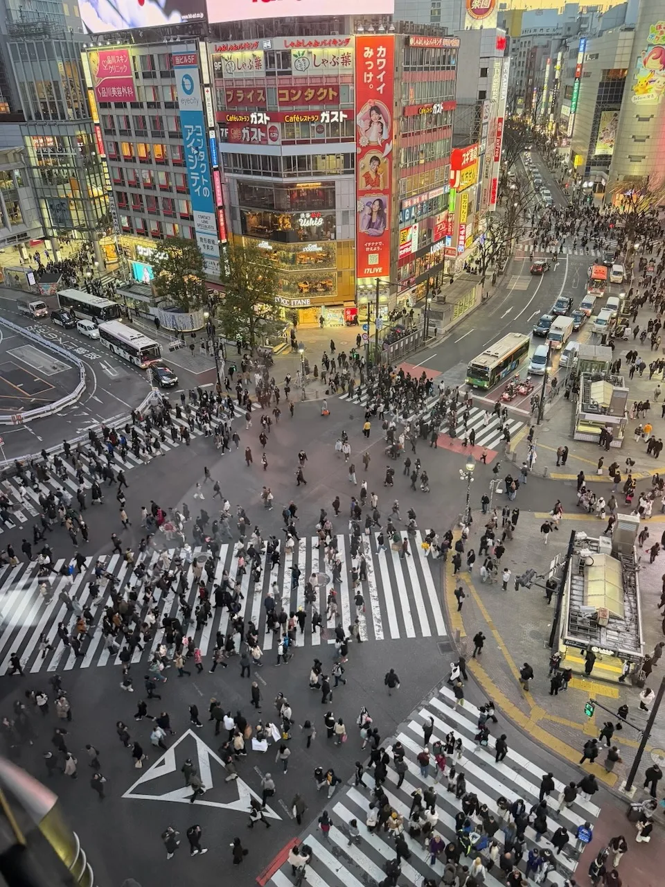 Shibuya Crossing from above at dusk, Tokyo, March 2026