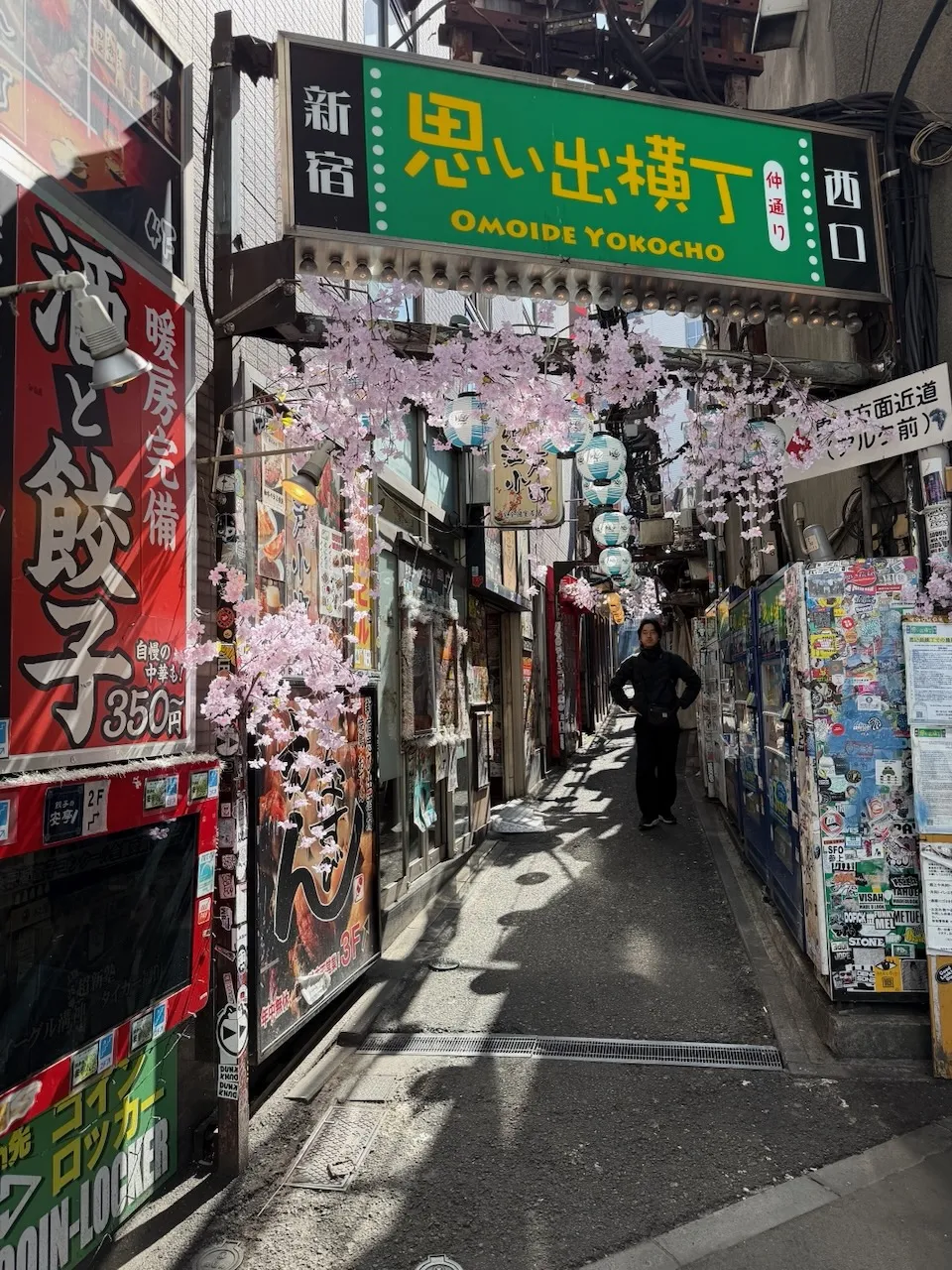 Narrow Omoide Yokocho alley with signs and paper blossoms, Shinjuku