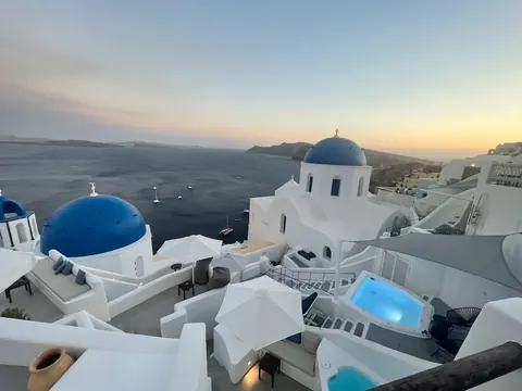 Oia blue domes at sunset, Santorini, our trip 2025